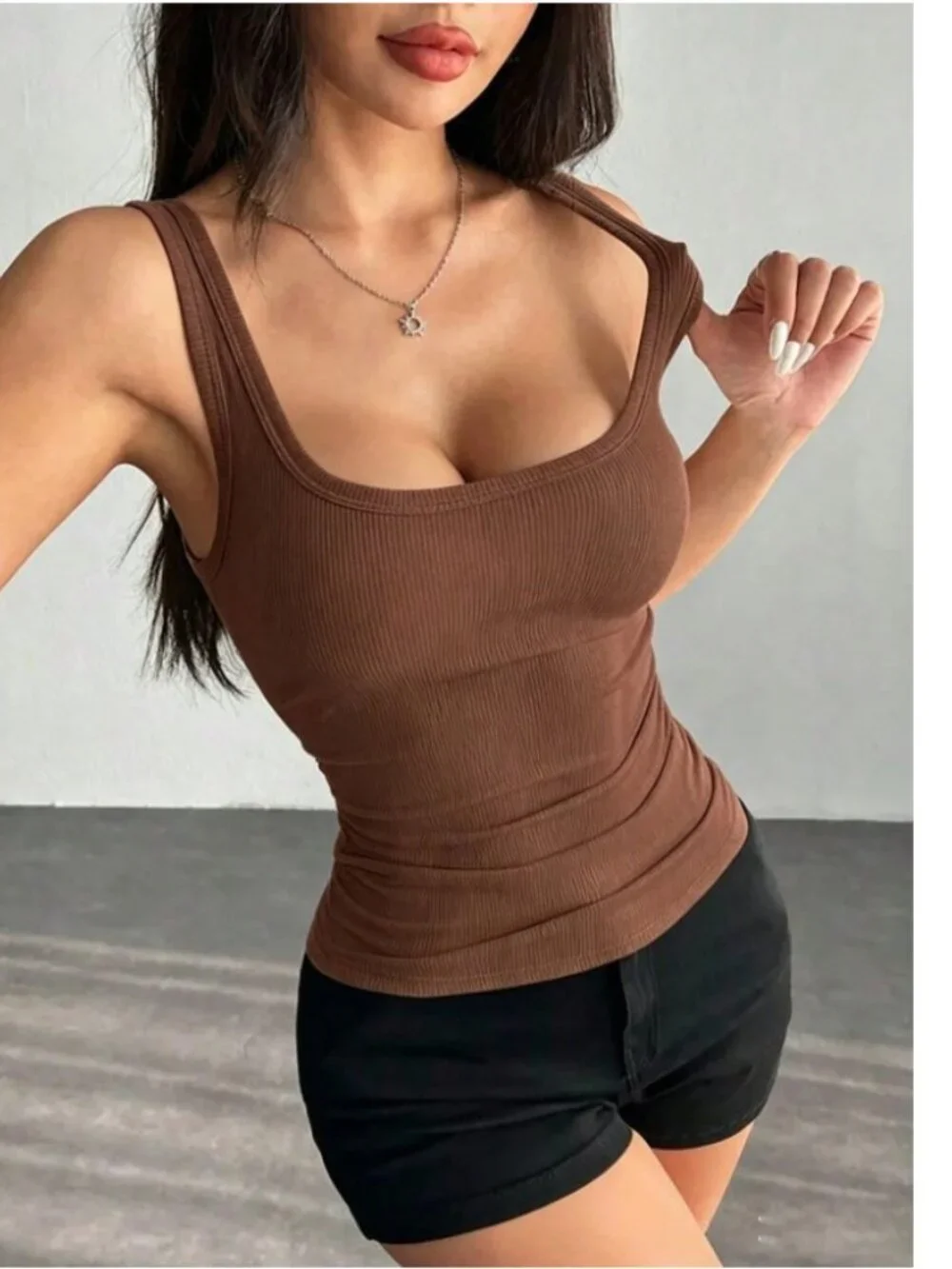 Seamless U-Back Ribbed Square Neck With Built-In Bras Tank Top - Picture 2 of 2
